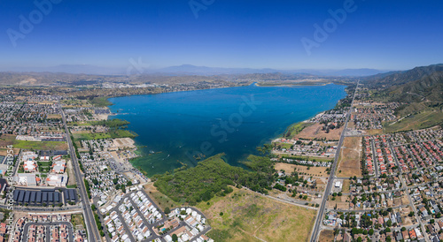 Stunning aerial view of Lake Elsinore with mountain backdrop Riverside County California USA