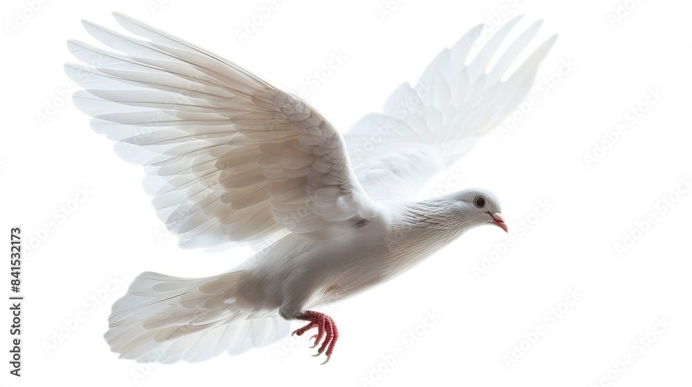 Fototapeta premium Beautiful white dove ascending against a pure white sky, emblem of peace and harmony