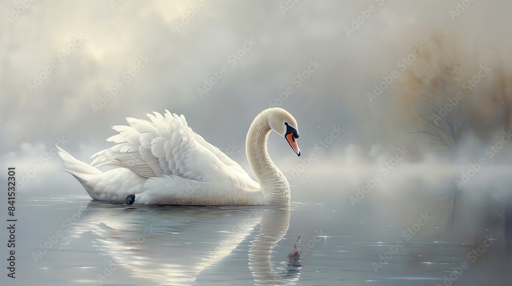 Obraz premium Majestic swan gliding on a calm lake, detailed feathers and serene presence, elegant and peaceful