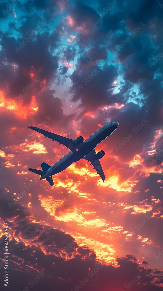 Dramatic Sunset Backdrop with Silhouetted Airplane Soaring Towards Horizon