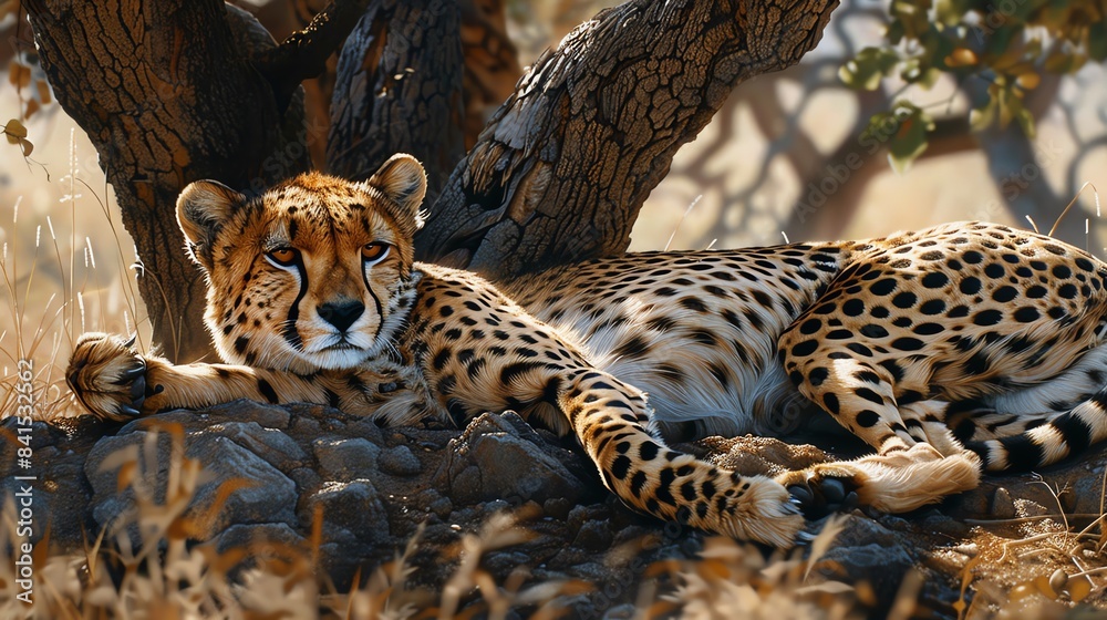 Obraz premium Realistic cheetah resting under a tree, detailed fur and relaxed pose, wild and graceful