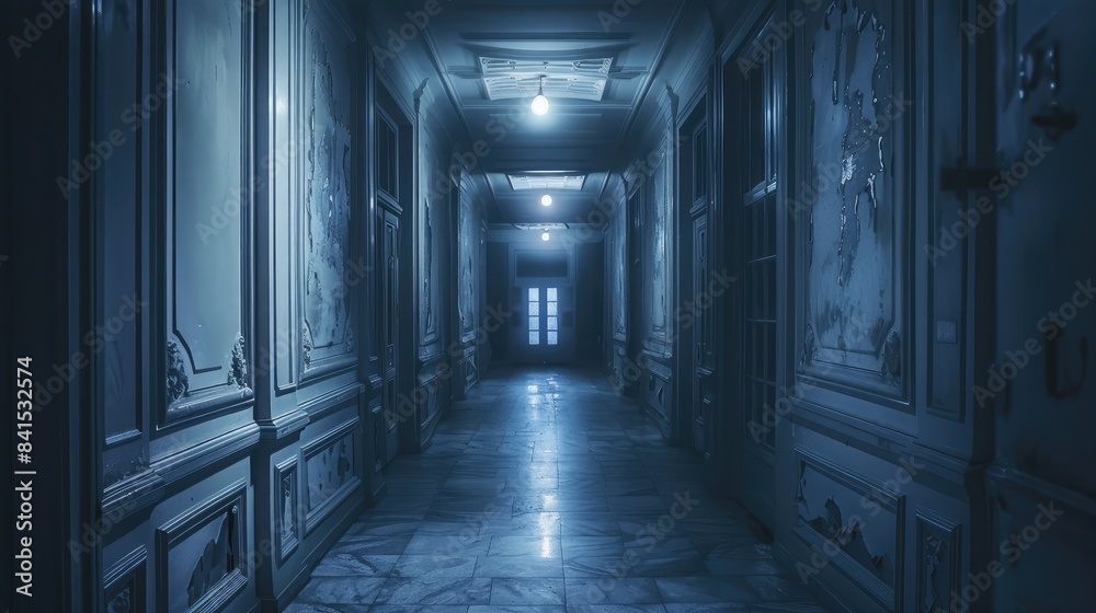 Spacious empty corridor with dim lighting, creating a hauntingly atmospheric scene