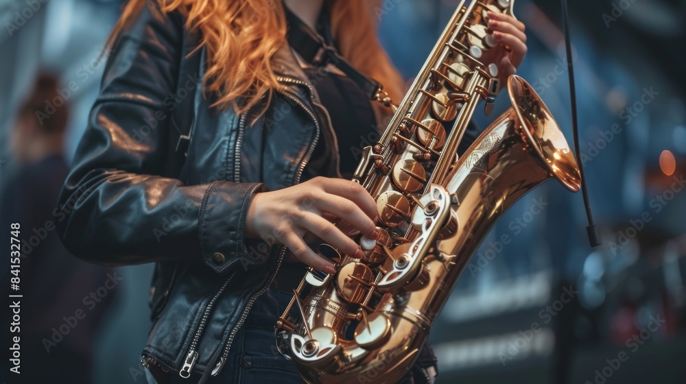 Obraz premium A close-up of a woman playing a saxophone with dramatic lighting and focus on the instrument.