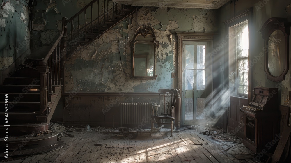 Spooky abandoned house interior with eerie shadows and a sense of foreboding Spooky abandoned house interior with eerie shadows and a sense of foreboding