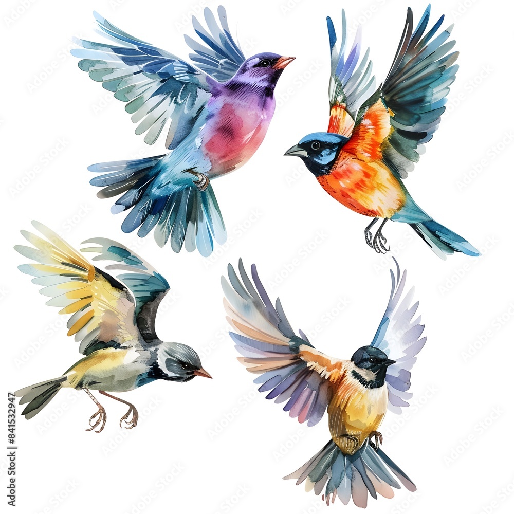 Obraz premium Elegant and Vibrant Watercolor of Colorful Birds in Flight with Detailed Feathers on a White Background