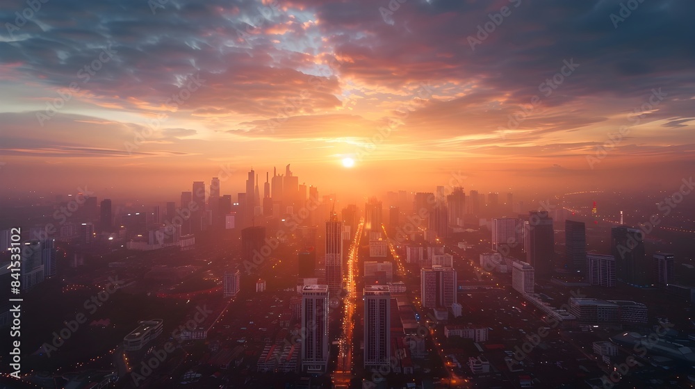 Fototapeta premium Aerial Cityscape at Sunset with Dramatic Sky and Illuminated Skyscrapers