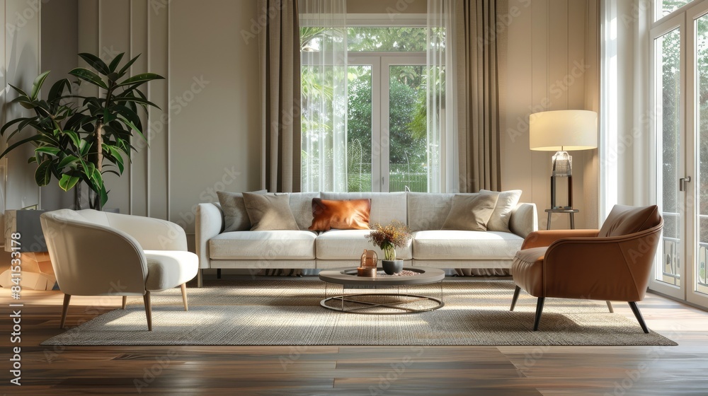 Modern villa living room design interior, beige furniture, bright walls, hardwood flooring, sofa, armchair with lamp. Concept of relax. 3d rendering AI generated Modern villa living room design interior, beige furniture, bright walls, hardwood flooring, sofa, armchair with lamp. Concept of relax. 3d rendering AI generated