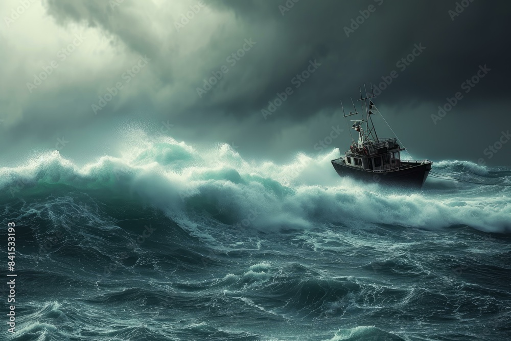 Lone fishing boat braves towering waves amidst the fury of a dark, stormy ocean Lone fishing boat braves towering waves amidst the fury of a dark, stormy ocean