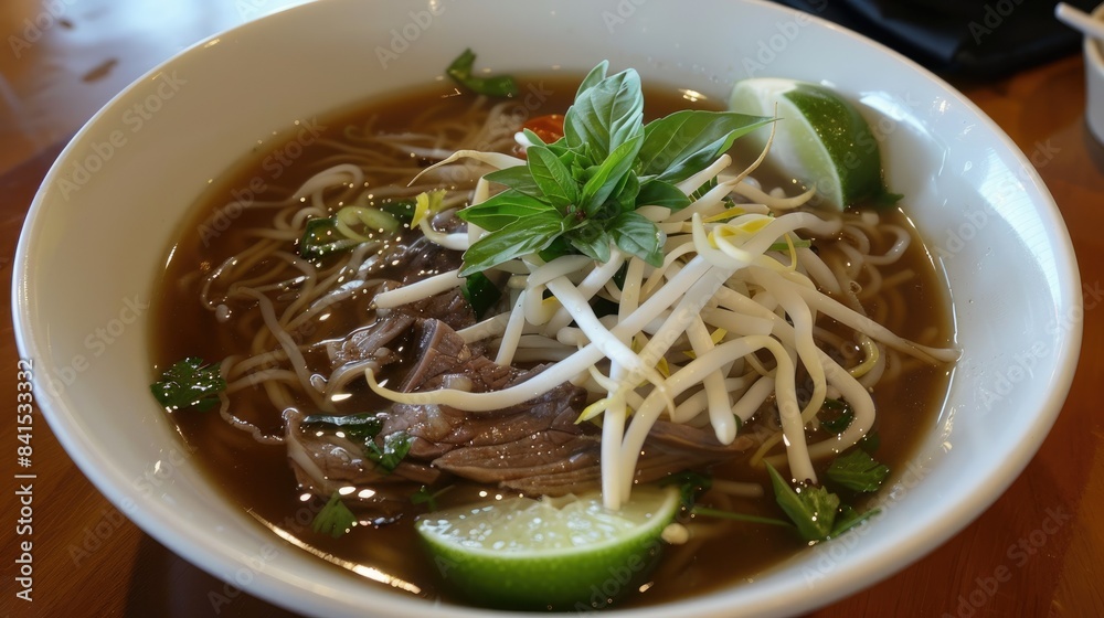 Bowl of hot and flavorful pho soup, featuring beef, rice noodles, bean sprouts, herbs, and a slice of lime Bowl of hot and flavorful pho soup, featuring beef, rice noodles, bean sprouts, herbs, and a slice of lime