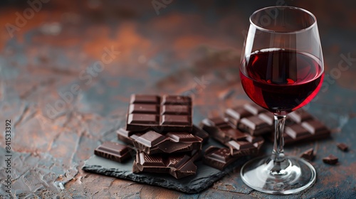 Red wine glass and chocolate on dark background with copy space for text. Red wine in the transparent glass near black chocolate. Glass of red wine with chocolate on dark table.