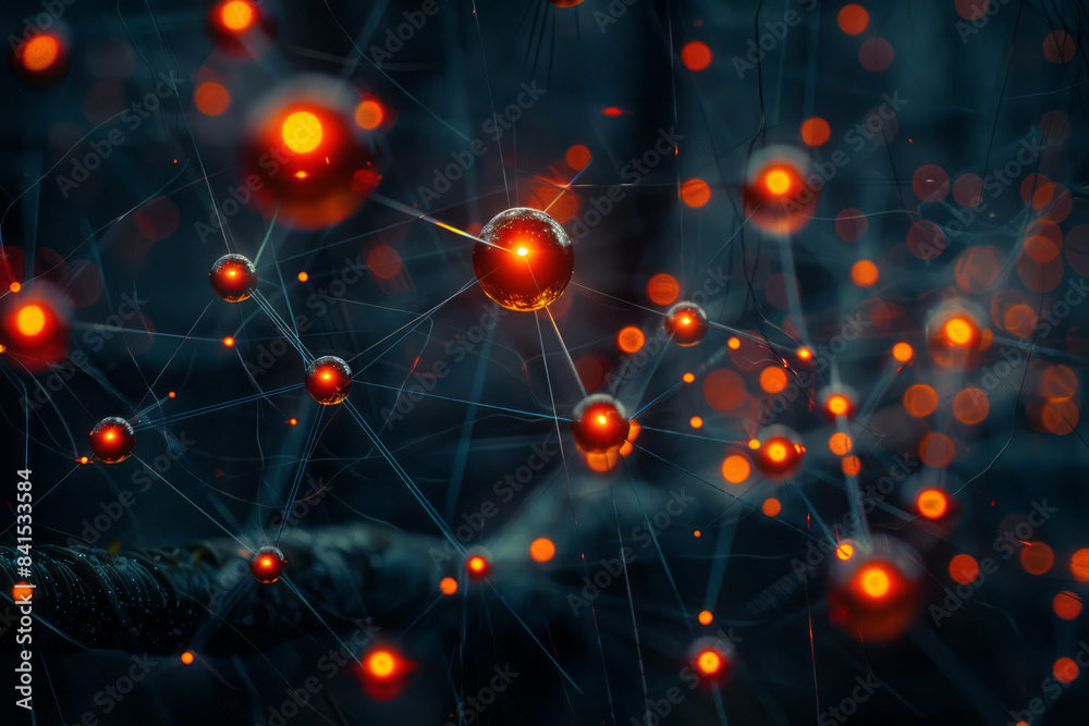 Cybernetic network-inspired design with nodes and pathways forming a complex network, Cybernetic network-inspired design with nodes and pathways forming a complex network,
