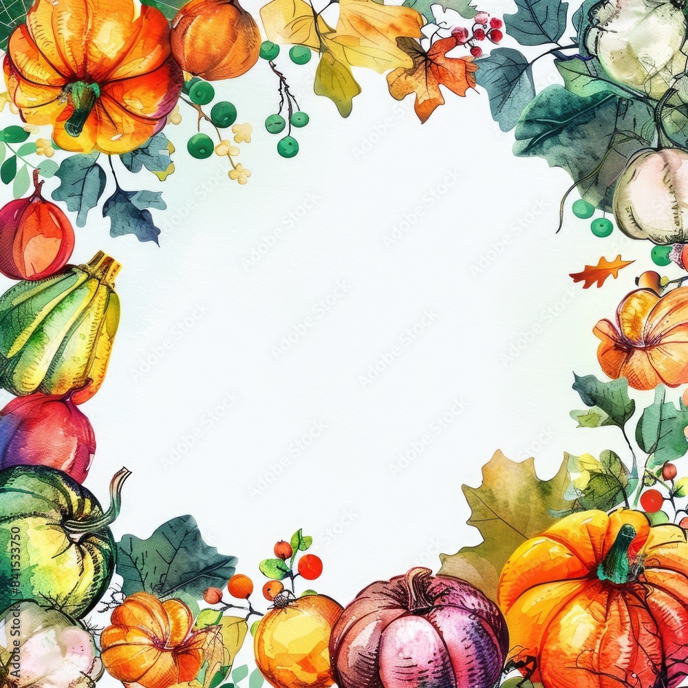 Fototapeta premium Autumn Harvest. Decorative Frame with Fresh Ripe Pumpkins and Vegetables