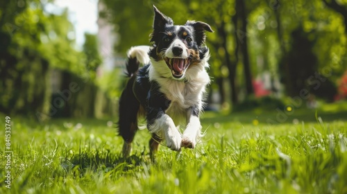 Cheerful canine bounding across a vast green pasture, embodying the essence of boundless freedom © chanidapa