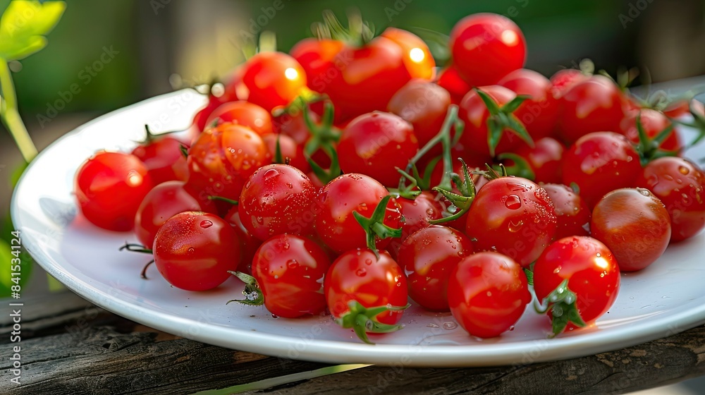 Cherry tomatoes scattered on a white plate, perfect for a light snack or salad Cherry tomatoes scattered on a white plate, perfect for a light snack or salad