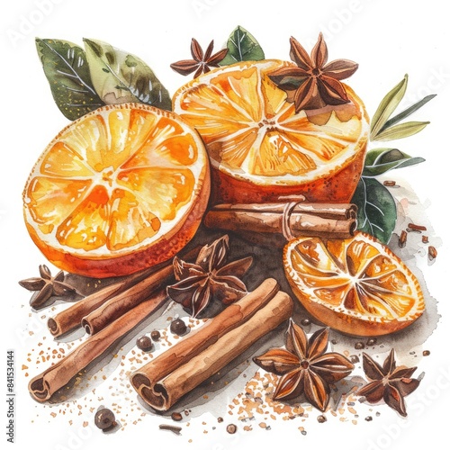 Christmas Spice Still Life. Watercolor Illustration of Holiday Ingredients with Citrus and Aromatic Spices