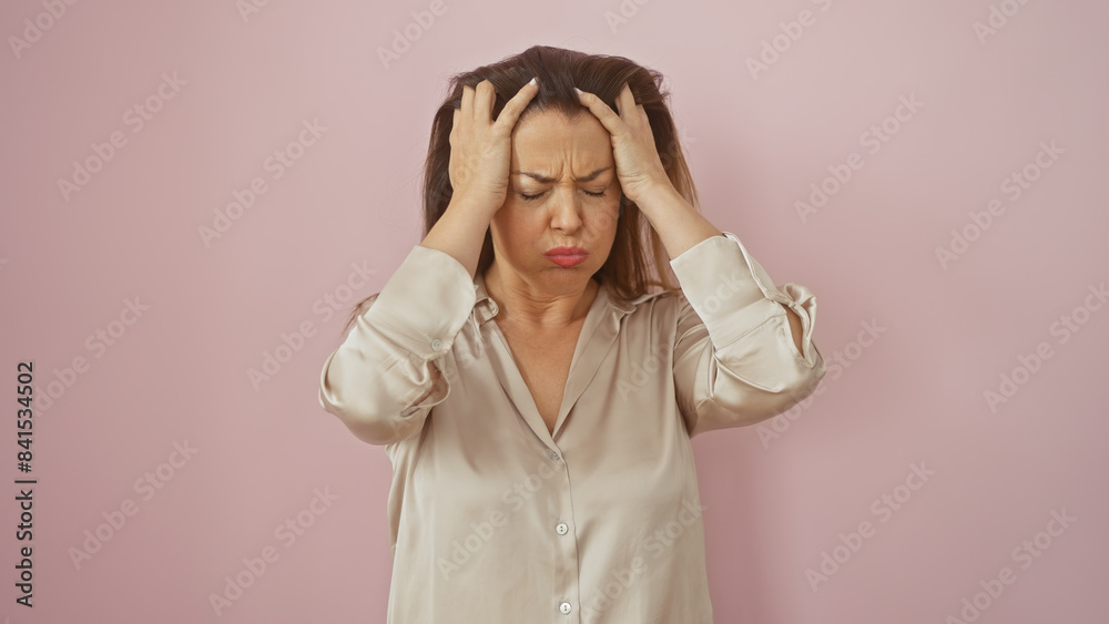 A stressed young hispanic woman with a headache, stands against a pink wall, expressing discomfort in a silk blouse. A stressed young hispanic woman with a headache, stands against a pink wall, expressing discomfort in a silk blouse.