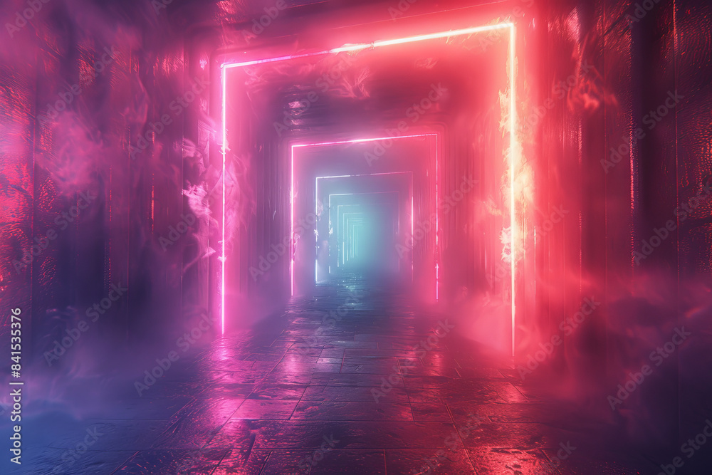 Naklejka premium Digital art of an abstract corridor filled with glowing neon lights,
