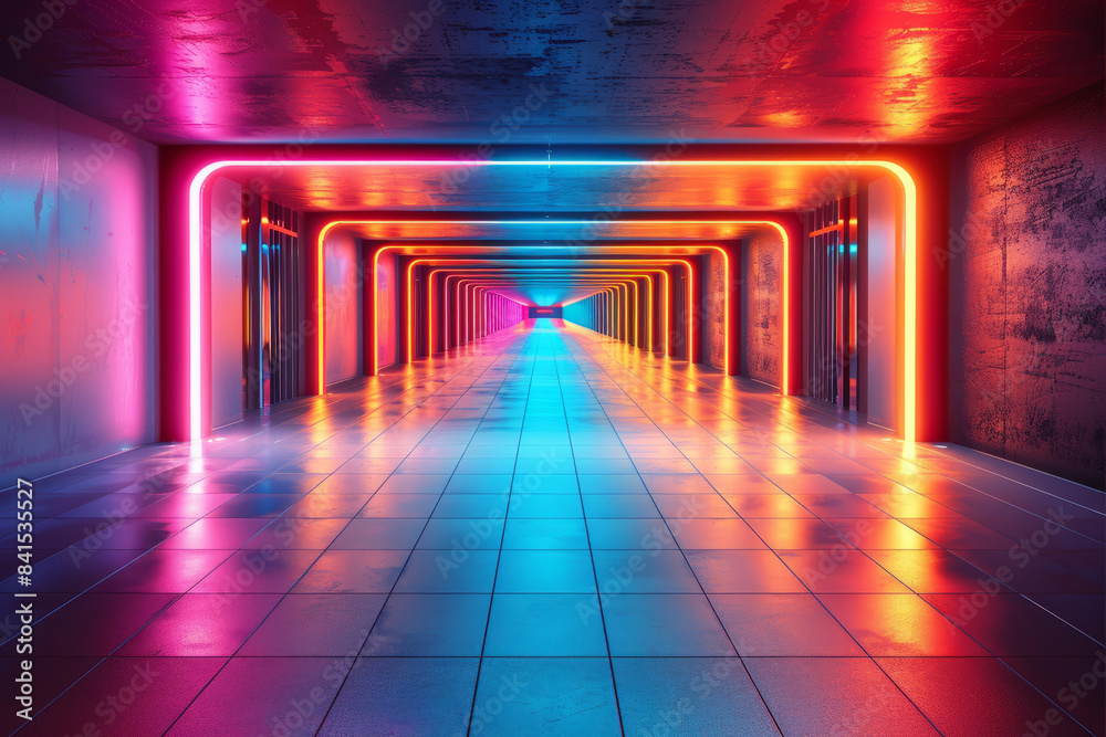 Digital art of an abstract corridor illuminated by neon lights with vibrant colors, Digital art of an abstract corridor illuminated by neon lights with vibrant colors,