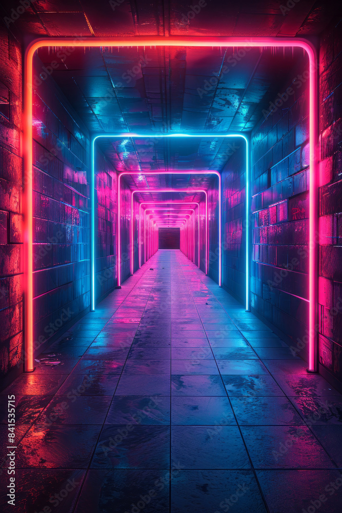 Abstract digital corridor illuminated by neon lights and dynamic, vibrant designs, Abstract digital corridor illuminated by neon lights and dynamic, vibrant designs,
