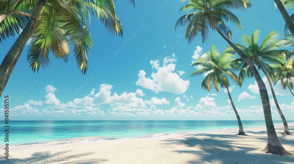 Tropical beach with palm trees swaying in the breeze, evoking a sense of paradise and escape