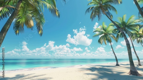 Tropical beach with palm trees swaying in the breeze  evoking a sense of paradise and escape