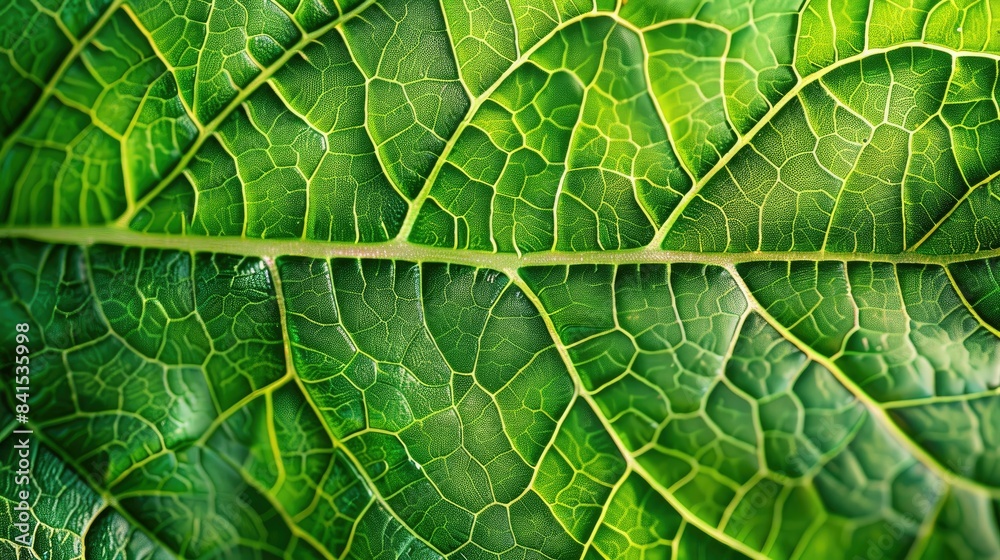 Fototapeta premium Close-up of leaf texture, intricate veins and lush green tones, nature's mesmerizing intricacy