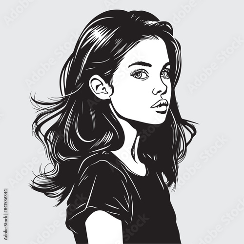 Vector portrait of a fashionable young beautiful girl with tousled hair. Vector isolated black and white female portrait.