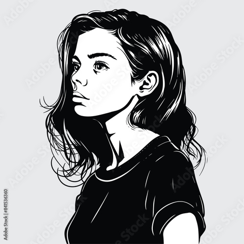 Vector portrait of a fashionable young beautiful girl with tousled hair. The girl looks up. Vector isolated black and white female portrait.