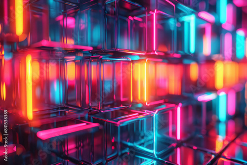 Abstract neon gridscape featuring vibrant lights and geometric patterns, photo