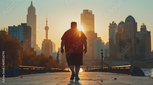 Overweight Person Takes Part in Charity Walk with City Skyline Backdrop and Supportive Community photo