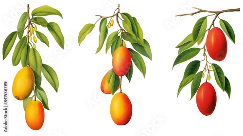  mangoes hanging from tree branches with green leaves isolated on white background 