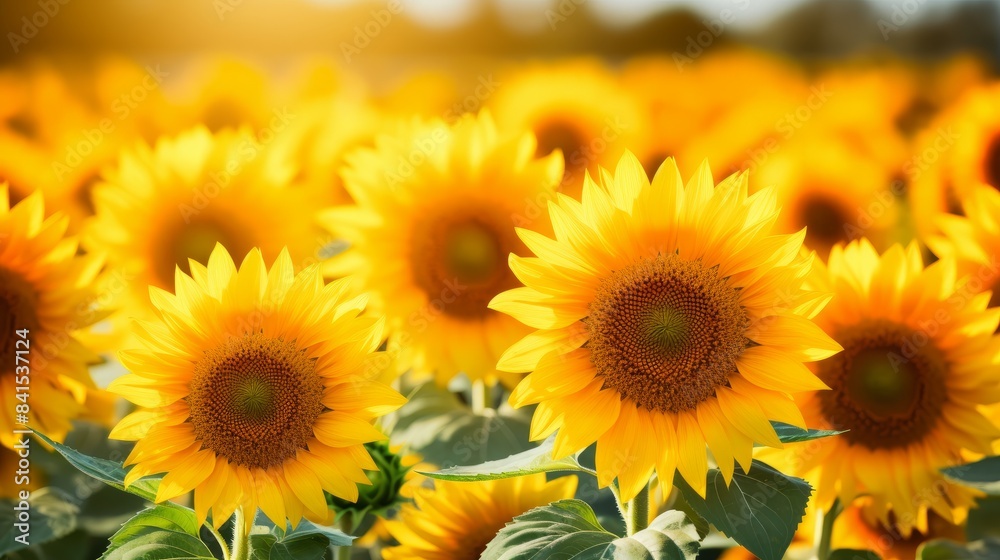 Beautiful field of blooming sunflowers against blurry sunset golden light. Summer sunflower flower background banner.