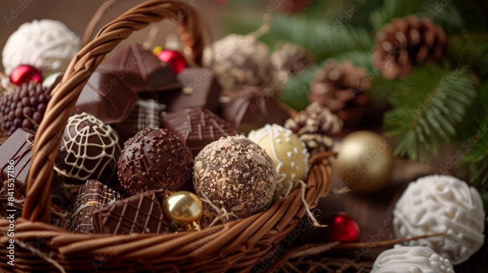 Create an image of a holiday-themed chocolate gift basket, filled with an assortment of festive chocolate treats and decorations. Create an image of a holiday-themed chocolate gift basket, filled with an assortment of festive chocolate treats and decorations.