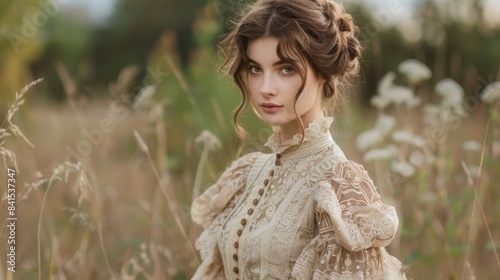 Charming Young woman wears a Victorian-era fine linen dress, high neckline, and puffed sleeves. Traditional garments for women in the English countryside 19th century.