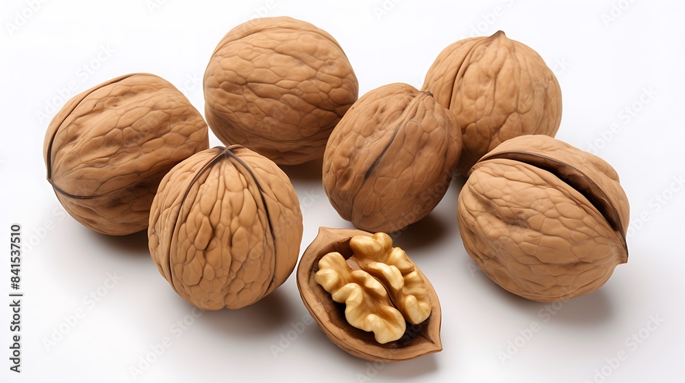 a collection of walnuts in various states All the walnuts are isolated on a white background a collection of walnuts in various states All the walnuts are isolated on a white background