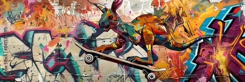 Punk Rock Kangaroo Skater Shredding the Graffiti Covered Outdoor Skatepark