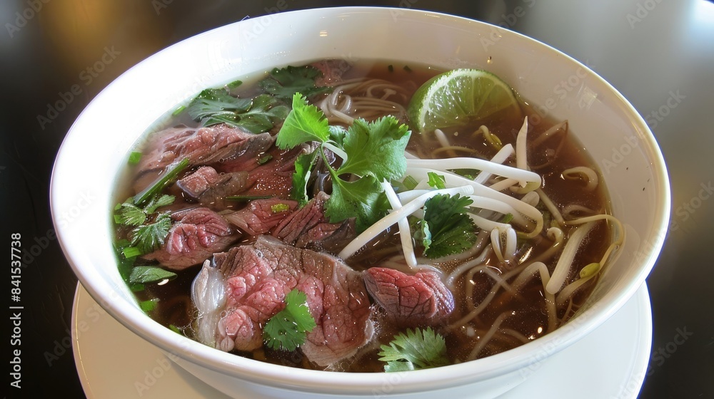 Delight in a bowl of steaming pho soup, featuring tender beef, rice noodles, bean sprouts, herbs, and a lime wedge Delight in a bowl of steaming pho soup, featuring tender beef, rice noodles, bean sprouts, herbs, and a lime wedge