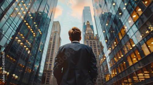 a businessman standing with his back to the camera, gazing out over a sprawling city skyline