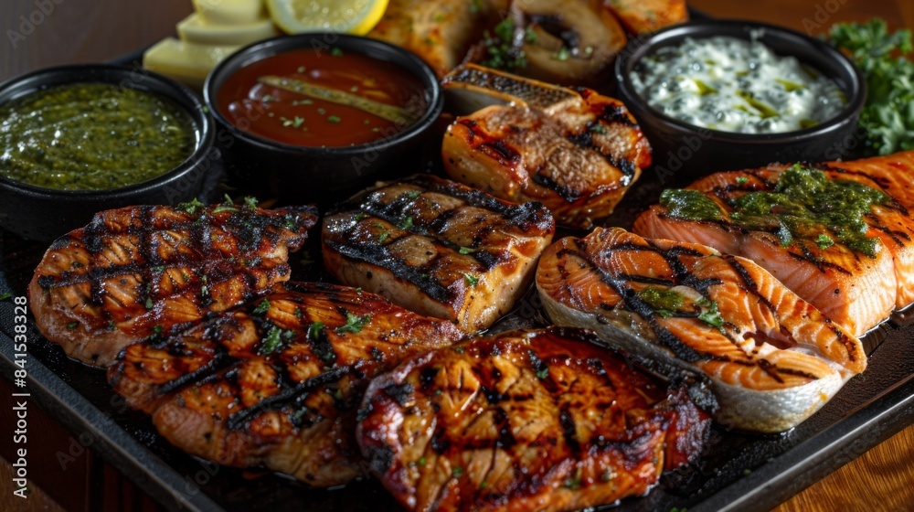 A variety of grilled steaks arranged on a platter, including pork chops, salmon fillets, and chicken breasts, served with a selection of dipping sauces A variety of grilled steaks arranged on a platter, including pork chops, salmon fillets, and chicken breasts, served with a selection of dipping sauces