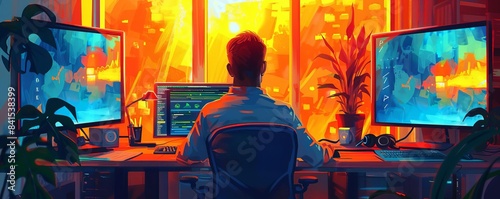 Man working at computer desk with dual monitors and colorful sunset background, creating a vibrant and productive work environment. photo
