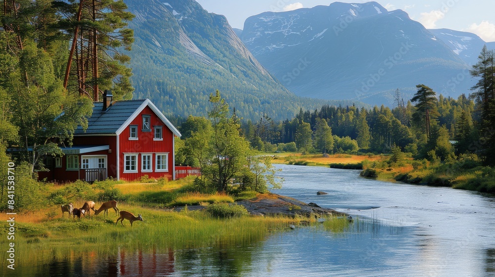 Fototapeta premium A red house sits on a grassy hillside next to a lake