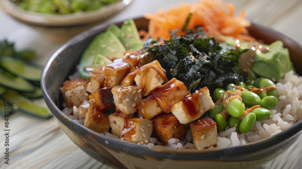 A vegetarian poke bowl filled with cubes of tofu, edamame, avocado, and wakame seaweed, served over a bed of sushi rice and drizzled with spicy mayo A vegetarian poke bowl filled with cubes of tofu, edamame, avocado, and wakame seaweed, served over a bed of sushi rice and drizzled with spicy mayo