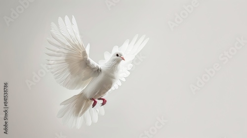 Elegant white dove in flight against a pristine white background, symbolizing freedom
