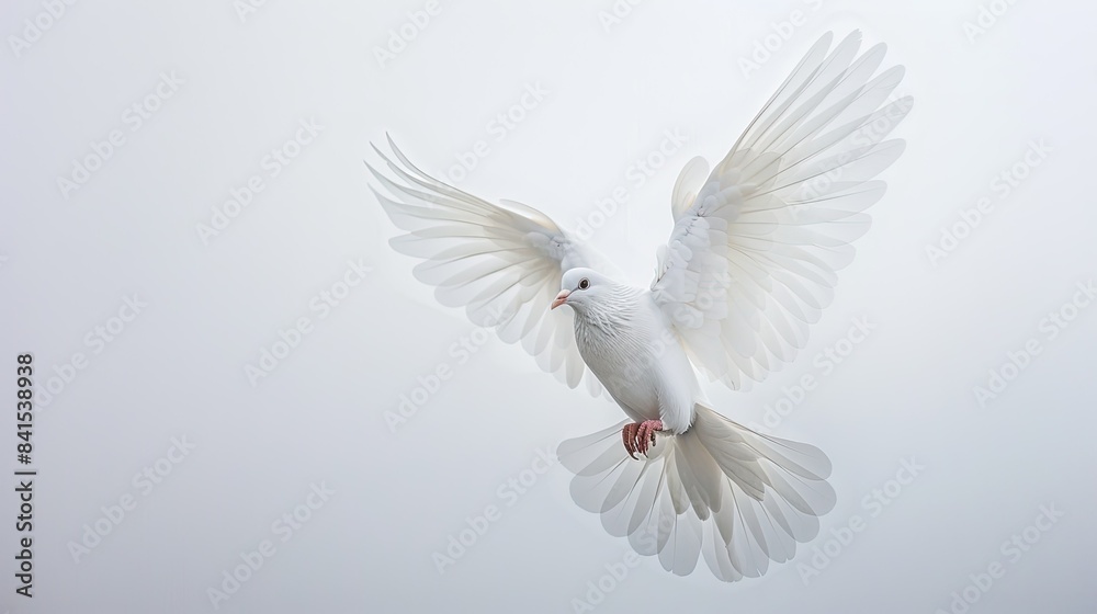 Fototapeta premium Elegant white dove in mid-flight against a pristine white sky, embodying serenity and grace