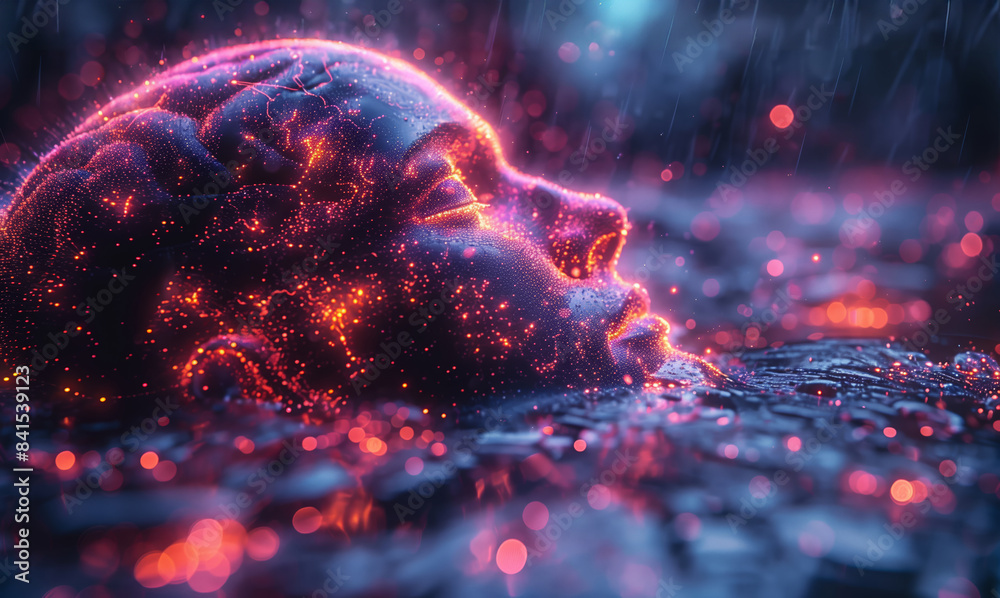 Glowing human face in a surreal digital landscape, illuminated with ...