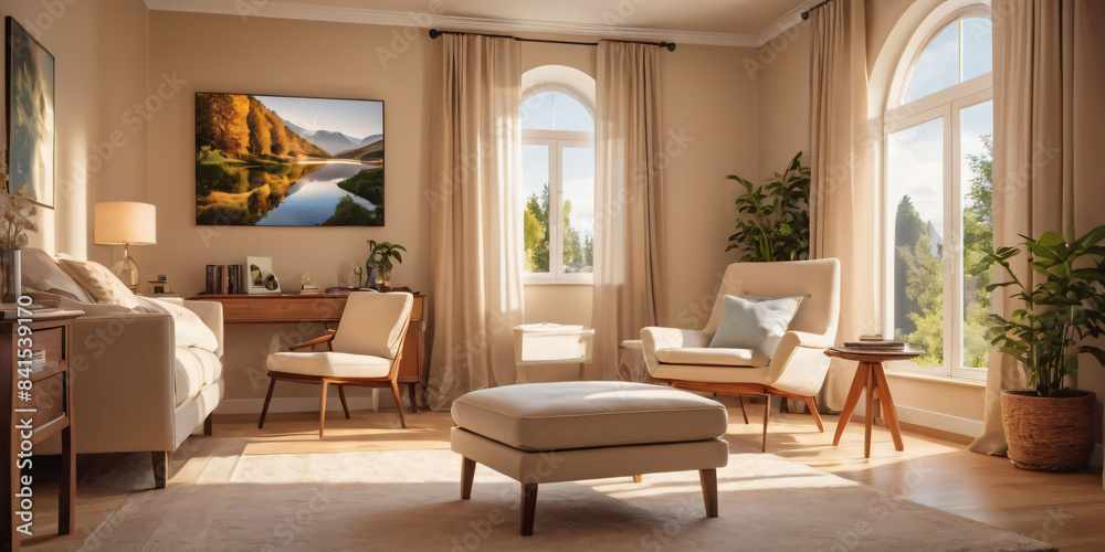 Fototapeta premium A calming beige bedroom with a peaceful landscape painting and a comfortable reading chair.