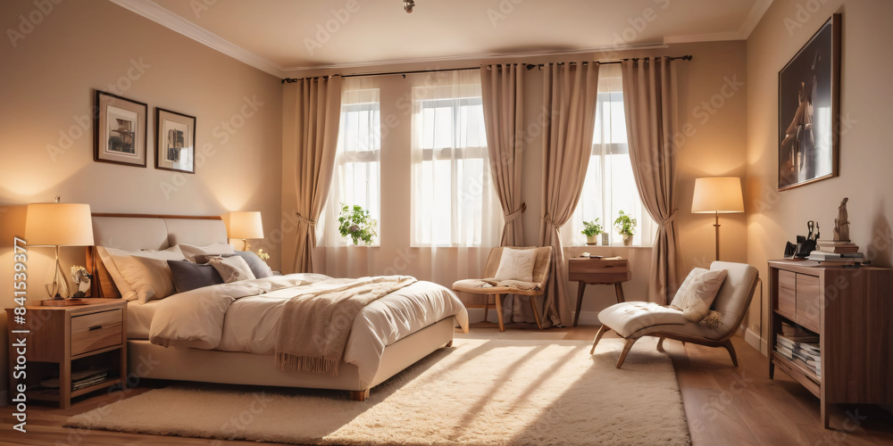 A cozy beige bedroom with a plush area rug and a comfortable reading nook. A cozy beige bedroom with a plush area rug and a comfortable reading nook.