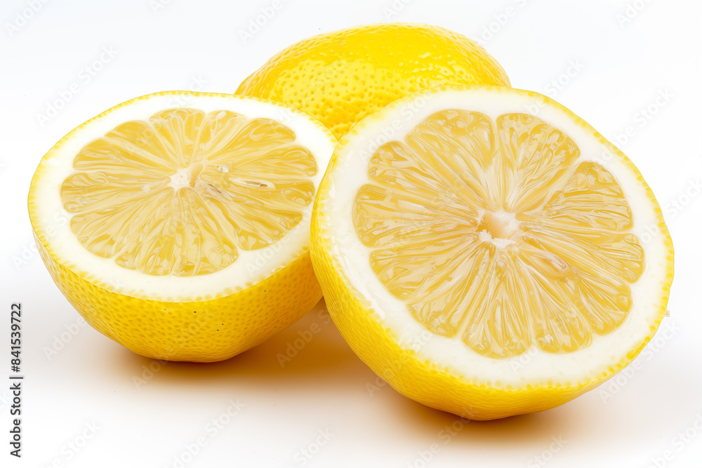 freshly cut lemon halves with whole lemon on white background freshly cut lemon halves with whole lemon on white background