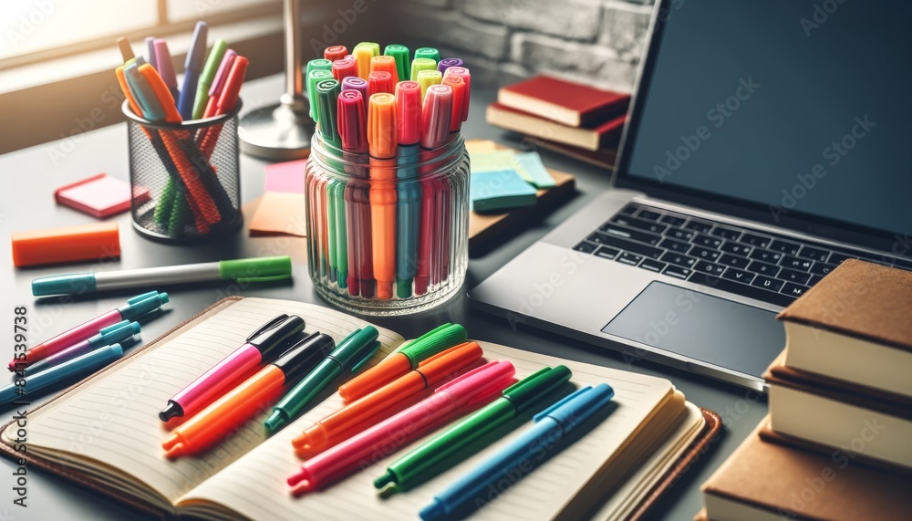 Colorful Highlighters and Laptop on Study Desk Colorful Highlighters and Laptop on Study Desk