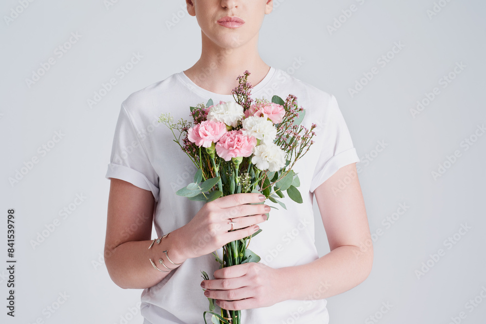 Woman, plant and blossom with flower bouquet for gift, valentines day or anniversary on a white studio background. Female person or model with pink natural leaves or bloom for romance, love or care Woman, plant and blossom with flower bouquet for gift, valentines day or anniversary on a white studio background. Female person or model with pink natural leaves or bloom for romance, love or care